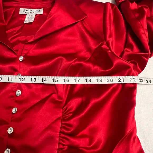 Vintage J.R.NITES Red Satin Blouse 14W Plus Size Evening Top Crystal Button - Picture 7 of 11